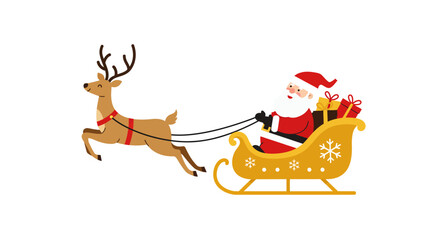 Jolly Santa Claus in Gold Sleigh Pulled by a Brown Reindeer