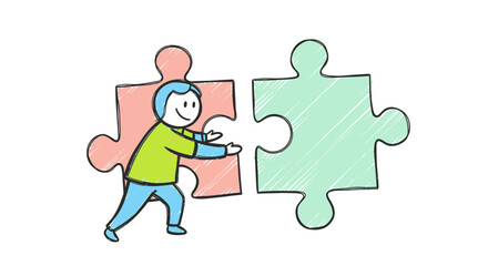 Fototapeta premium Stick Figure Person Connecting Two Colorful Puzzle Pieces Together