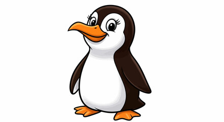 Charming cartoon female penguin with large expressive eyes, long eyelashes, and a sweet smile, standing in a friendly pose.