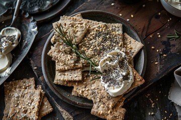 Gourmet seed crackers topped with creamy anchovy spread on elegant dark backdrop, professional restaurant-style food photography, artistic composition with rustic table styling.