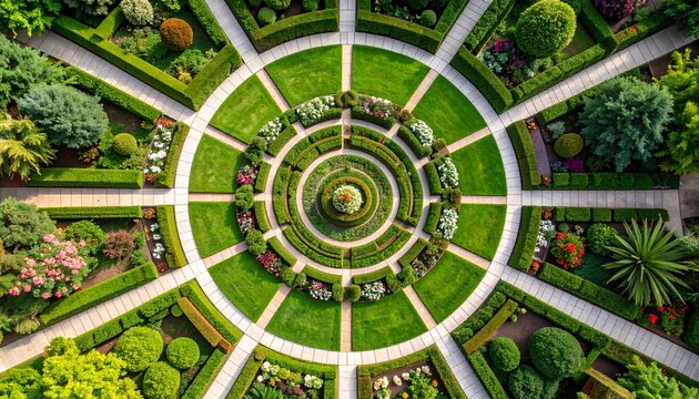 Geometric garden-inspired pattern with stylized flowers, shrubs, and topiary shapes arranged in a kaleidoscopic radial symmetry" - Powered by Adobe