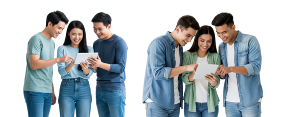 group of young people with tablet on white