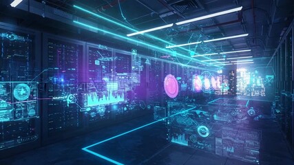 Futuristic data center with holographic technology visuals - Powered by Adobe