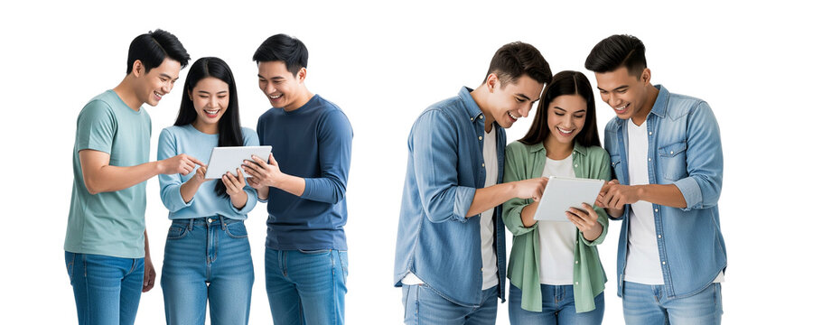 group of young people with tablet on white