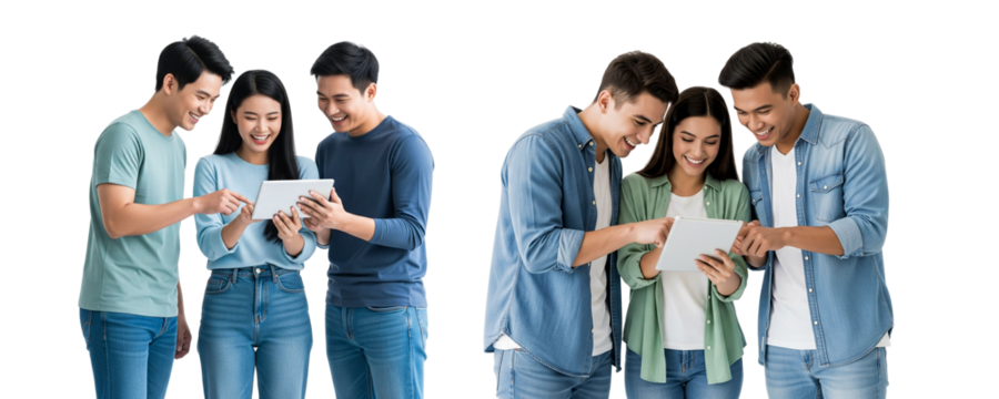 group of young people with tablet on white