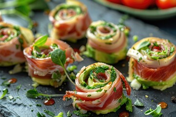 Delicate avocado mousse rolled in thin slices of Serrano ham, presented on dark textured surface with crisp, clean food styling and professional culinary photography