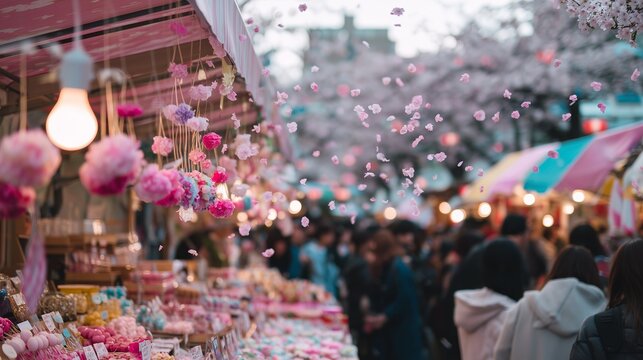 Cherry blossom festival takes place in vibrant market filled with decorations and visitors enjoying the atmosphere in springtime