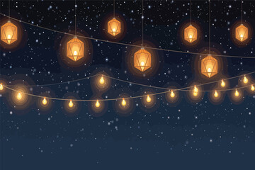 Vector art of a string of glowing geometric lanterns and fairy lights illuminates the dark night sky filled with stars
