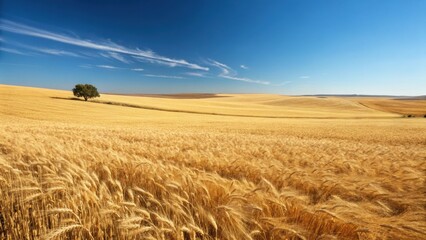 Golden wheat field under a bright blue sky with wispy clouds on a summer day landscape