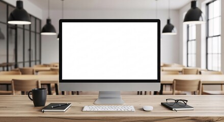 Modern office workspace with blank computer screen and desk accessories