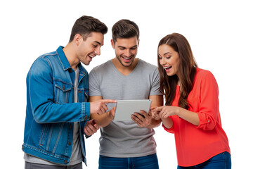 happy young business people with tablet computer on white