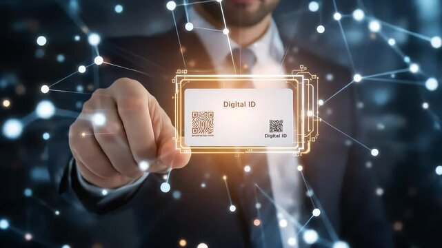 Man presents a futuristic digital identity card against a backdrop of glowing network connections. - Powered by Adobe