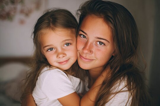 Cute little girl hugging her mother and smiling, photo of a beautiful young woman with long hair in a white t-shirt hugging her daughter at home, portrait close-up, copy space concept, stock photograp