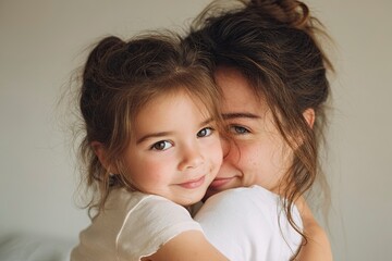 Cute little girl hugging her mother and smiling, photo of a beautiful young woman with long hair in a white t-shirt hugging her daughter at home, portrait close-up, copy space concept, stock photograp