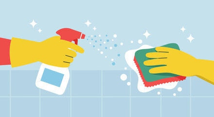 Yellow-gloved hands spraying cleaner and scrubbing with a sponge on a tiled surface, illustrating cleanliness.