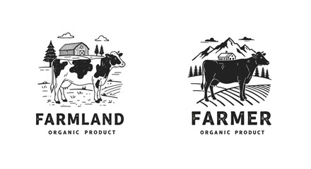 Black and White Cow Illustration in Farm and Farmer Logos