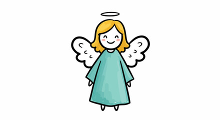 Adorable smiling angel character with blonde hair, a halo, and a light blue robe.