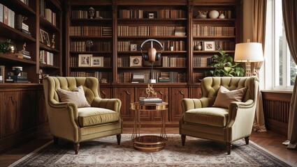 Fototapeta premium Elegant podcast recording setup featu two plush velvet armchairs in a sophisticated room with a detailed bookshelf and high fidelity o.