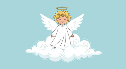 Cute Cartoon Angel with Curly Hair and Halo on a Cloud