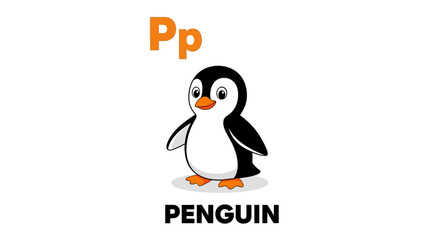 Cute cartoon penguin character standing with big eyes and an orange beak. A simple, friendly animal illustration for children.