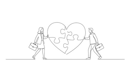 Elegant Continuous Line Art of Business Professionals Assembling Heart Puzzle Together