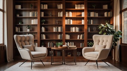Cozy podcast interview setting features two armchairs facing each other in front of a large bookshelf filled with books, creating an intimate space.