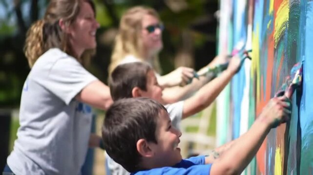 A community wall painting session kids splash paint while adults guide
