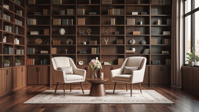 Intimate podcast interview space showcases high fidelity bookshelf with books and two chairs for a comfortable discussion environment at home.