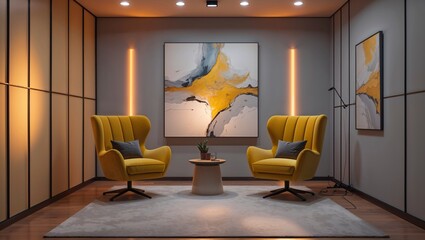 A luxury podcast studio showcases high fidelity o with cozy armchairs beneath modern art for premium recordings in a creative space.