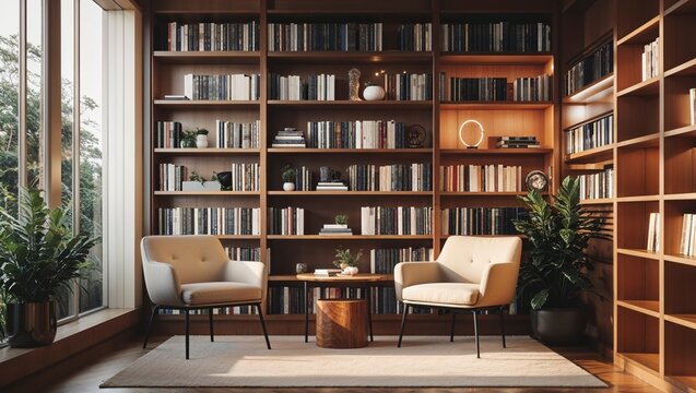 Luxury podcast conversation corner features high fidelity sound with a vast bookshelf and comfortable chairs offe a refined reading space.