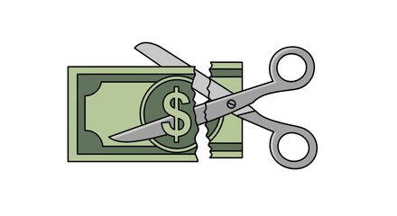 Cartoon illustration of grey metal scissors cutting a green dollar banknote in half, symbolizing budget cuts.