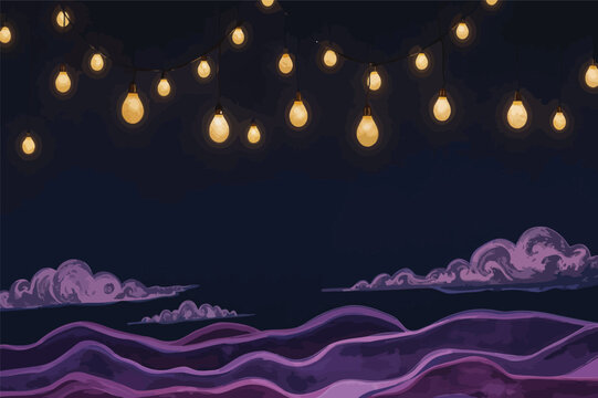 Vector art of whimsical string lights illuminate a dark, starry night sky over rolling purple hills and clouds