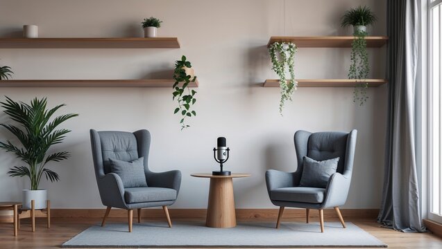 Minimalist podcast setup features high fidelity microphone with two chairs, shelves, and plants creating a modern interior studio space.