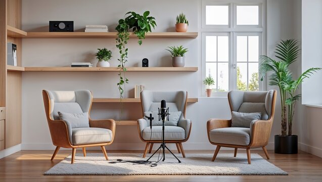 A minimalist podcast setup with styli features high fidelity o equipment and plants in a modern bright and well decorated home studio space.
