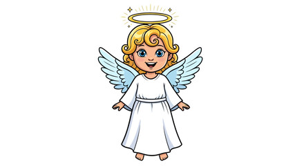 Fototapeta premium Cute cartoon angel girl with curly blonde hair, blue eyes, and a glowing golden halo, standing with open arms.
