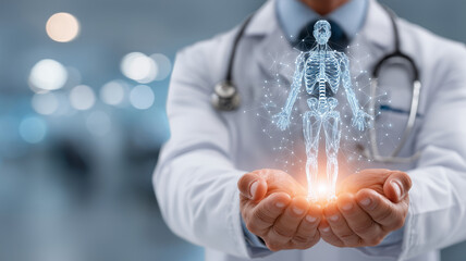 Innovative female doctor demonstrates advanced medical technology with hologram