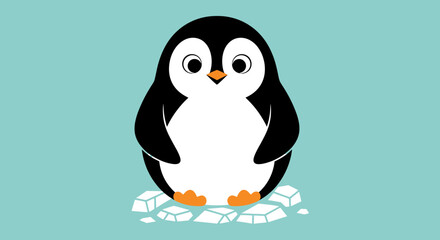 Cute Cartoon Penguin Standing on Ice, Black and White with Orange Feet