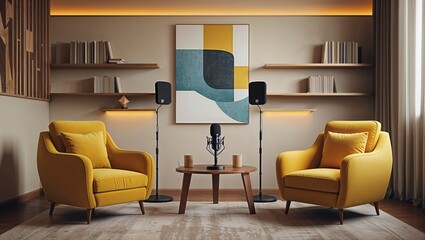Modern podcast studio with yellow armchairs arranged for high fidelity o recording in a professionally designed space, illuminated for clarity.