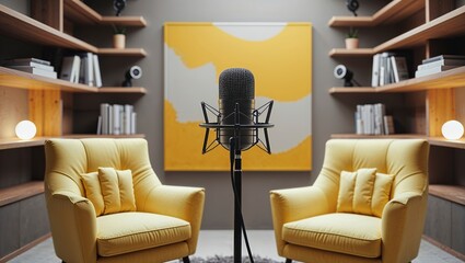 Modern podcast studio features a high-fidelity microphone setup with yellow armchairs and artistic backdrop perfect for o production.