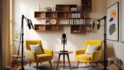 Modern podcast studio features yellow armchairs, high fidelity microphones, and a stylish bookshelf against a bright, neutral interior wall.