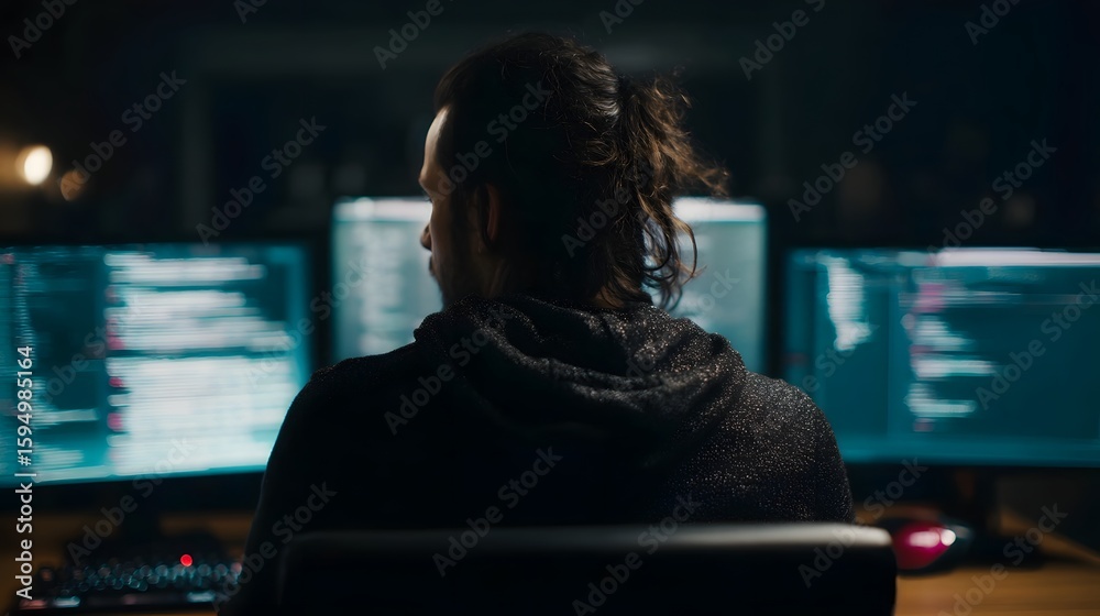 Poster Programmer working at a dual monitor setup in a dark tech focused workspace