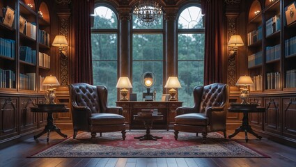 An ornate podcast interview studio with high fidelity equipment features classic furniture and dark wood paneling in a sophisticated setting.