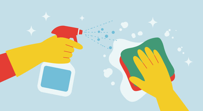 Illustrated hands in yellow gloves cleaning a surface with a spray bottle and sponge.