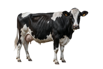 A full-length portrait of a black and white dairy cow standing and looking at the camera, isolated on a white background for agricultural concepts.