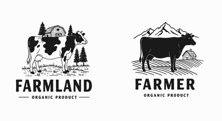 Set of two vintage farm logos with cows, barn, and mountains in a black and white hand-drawn style.