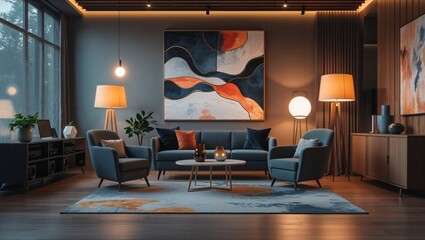 A stylish podcast recording space is shown with modern decor, a comfortable sofa, armchairs, and high fidelity o equipment for recording.