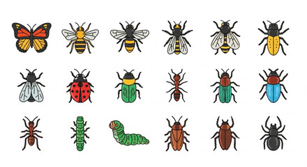 Colorful Vector Cartoon Insect Icon Collection Featuring 18 Cute Bugs and Arthropods Including Butterfly, Bee, Ant, Spider, Beetle, and More