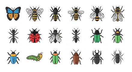 Colorful Vector Cartoon Insect Icon Collection Featuring 18 Cute Bugs and Arthropods Including Butterfly, Bee, Ant, Spider, Beetle, and More