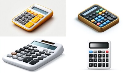 Four digital calculators against a clean background, each with unique color schemes and button arrangements