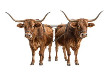 A magnificent team of two brown Longhorn cattle in a traditional yoke, isolated on a white background. A concept of partnership and strength.